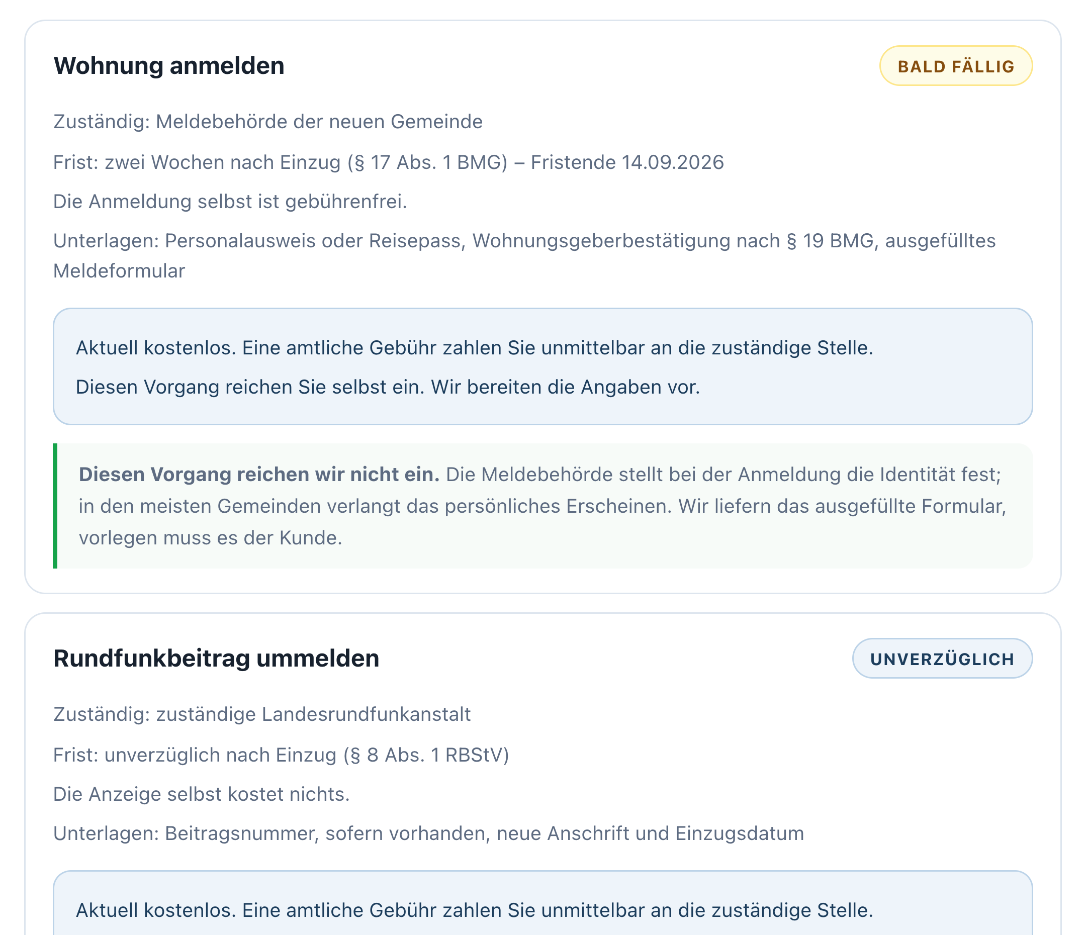 Fahrplan in AntragsWerk24 nach einem Umzug: die Wohnungsanmeldung mit laufender Zwei-Wochen-Frist nach § 17 Abs. 1 BMG, der zuständigen Meldebehörde, den nötigen Unterlagen und dem Hinweis, dass die Wohnungsanmeldung selbst einzureichen ist – darunter beginnt der Rundfunkbeitrag, der ohne Tagesfrist als unverzüglich geführt wird.