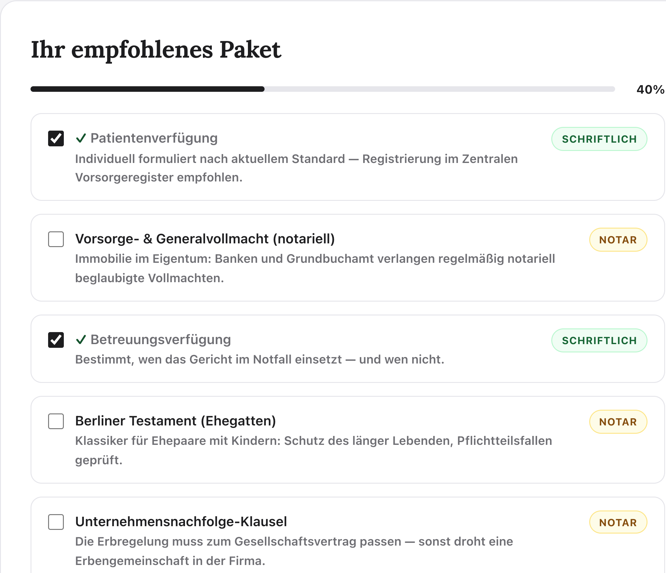 Empfohlenes Vorsorgepaket in ErbKlar: Patientenverfügung und Betreuungsverfügung erledigt, Vorsorgevollmacht, Berliner Testament und Unternehmensnachfolge-Klausel offen – jeweils mit Formvorschrift.