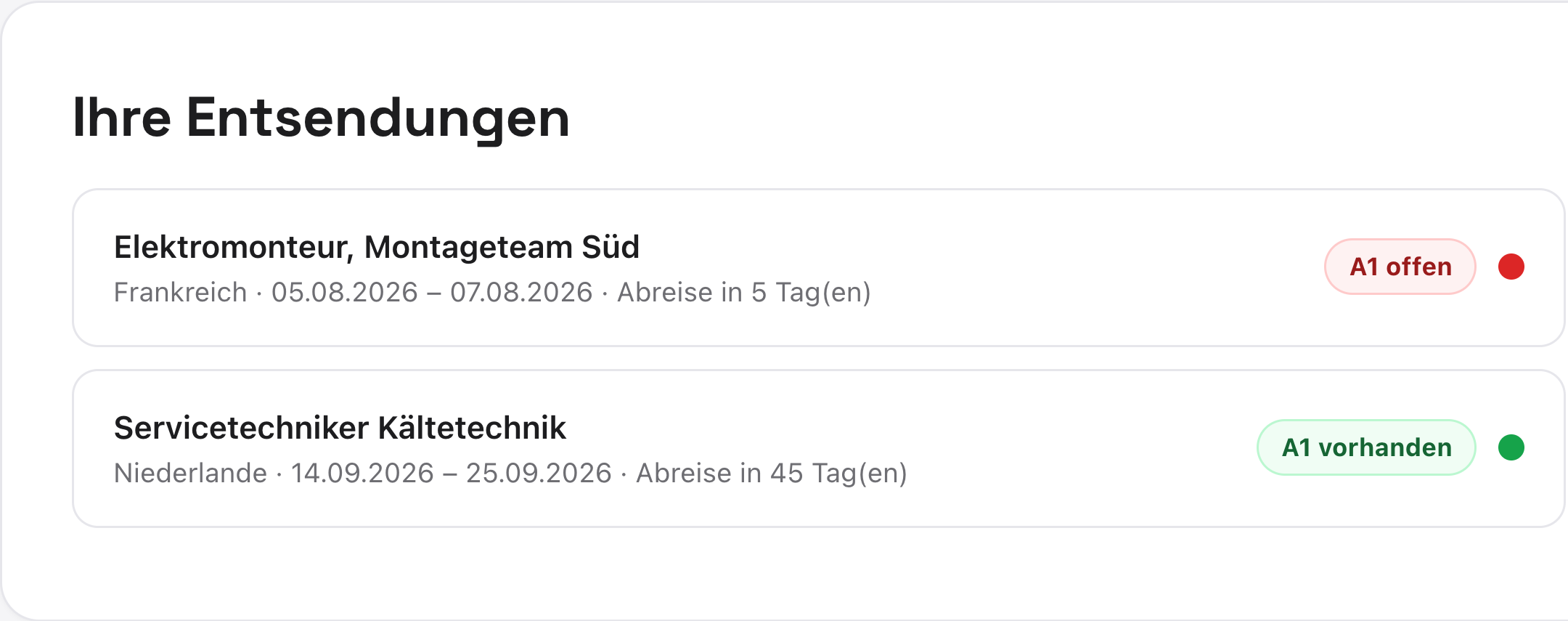 Entsendungs-Übersicht in FachkraftFlow: eine Montage nach Frankreich mit noch offener A1-Bescheinigung und Abreise in 5 Tagen (rot), ein Einsatz in den Niederlanden mit vorliegender A1 (grün).