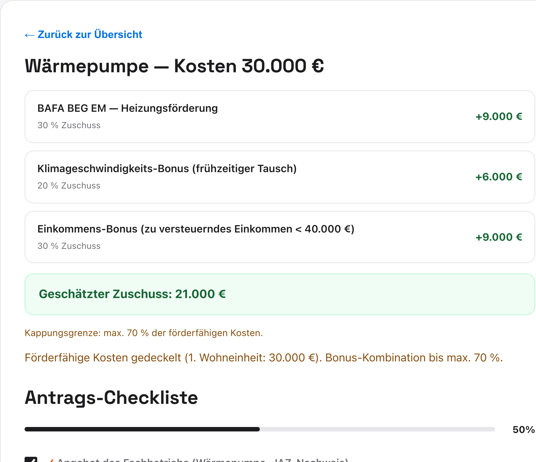 Förderrechnung in FörderPilot für eine Wärmepumpe über 30.000 €: BAFA-Heizungsförderung, Klimageschwindigkeits-Bonus und Einkommens-Bonus ergeben 21.000 € geschätzten Zuschuss, mit Kappungsgrenze und Antrags-Checkliste.