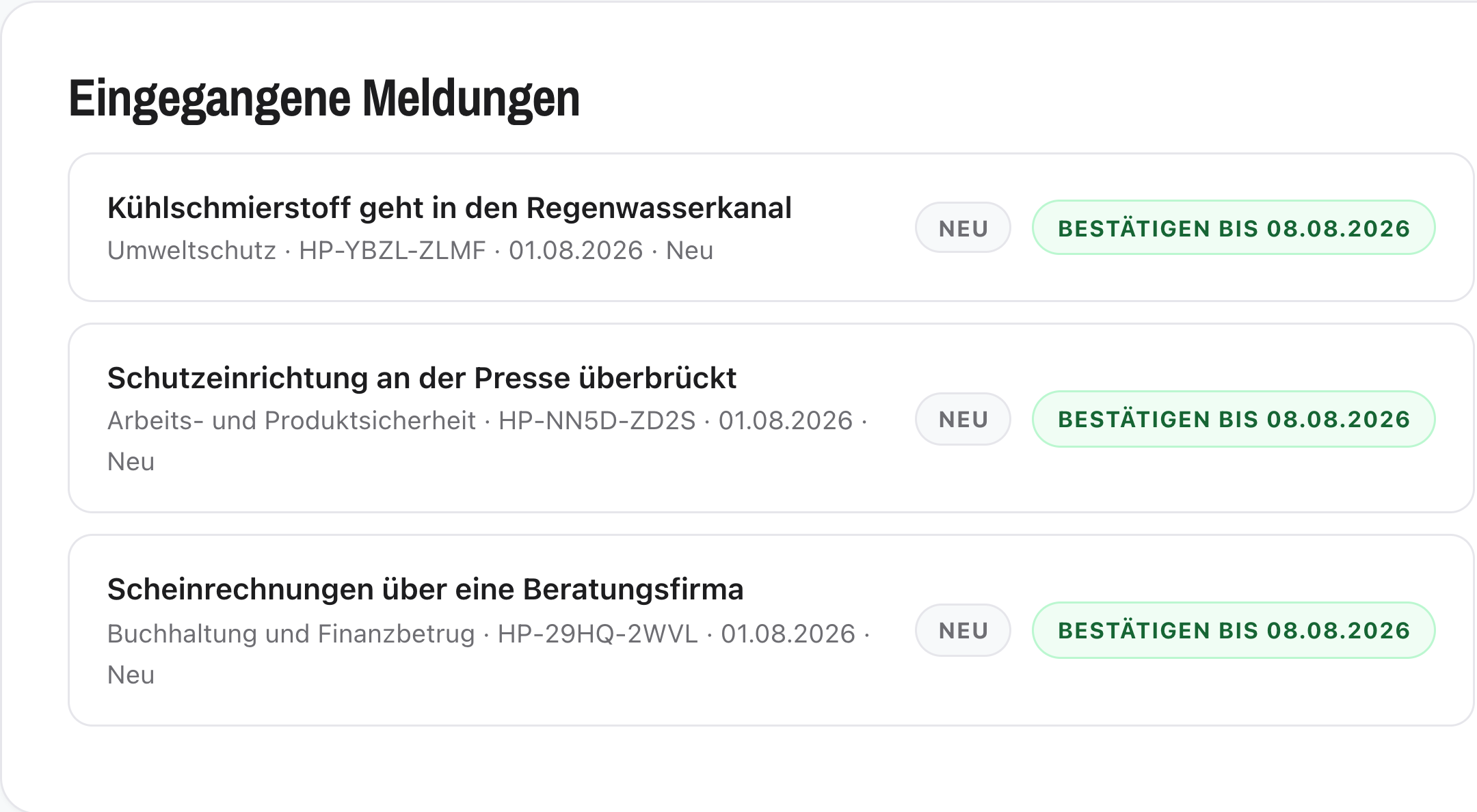 Eingegangene Meldungen in HinweisPilot: drei Fälle mit Vorgangscode, Kategorie und Eingangsdatum, jeder mit der Fristen-Ampel nach § 17 HinSchG – Eingangsbestätigung binnen 7 Tagen, Rückmeldung binnen 3 Monaten.