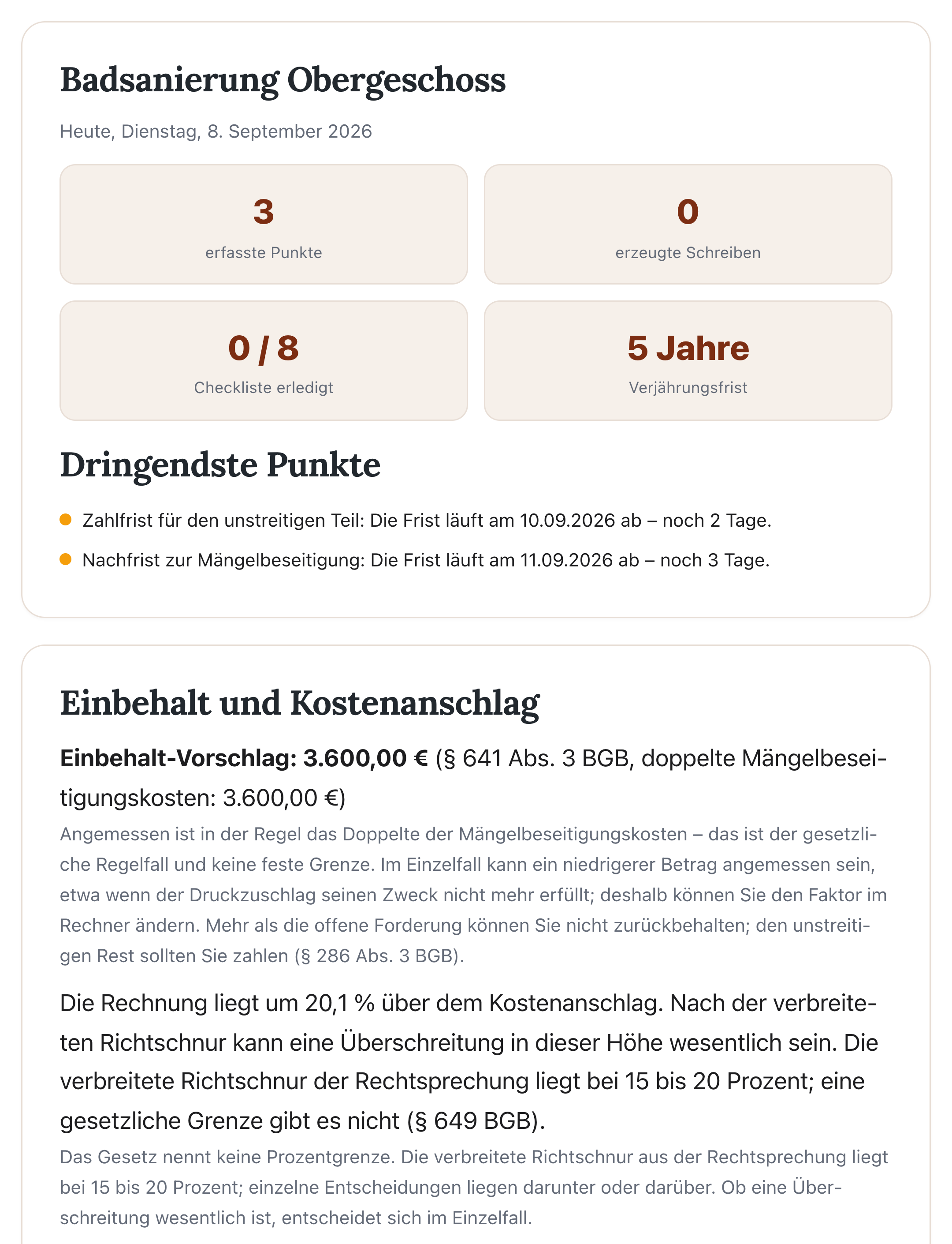 Vorgangs-Übersicht in MängelPilot für eine Badsanierung: drei erfasste Punkte, die Verjährungsfrist am Bauwerk, ablaufende Fristen und der berechnete Einbehalt nach § 641 Abs. 3 BGB samt Bewertung der überschrittenen Kostenanschlagssumme.