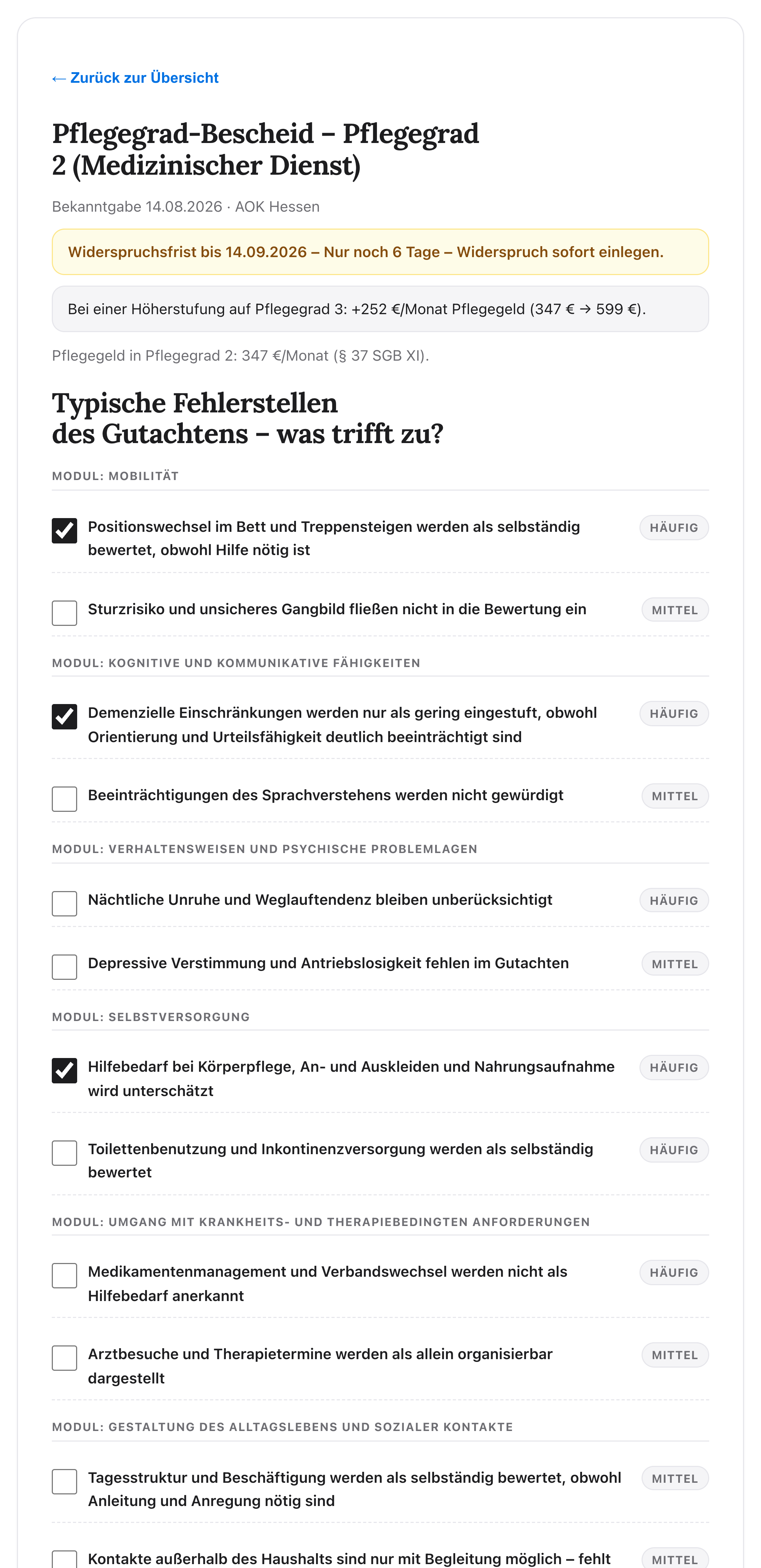 Falldetail in PflegegradKlar: Bescheid über Pflegegrad 2, die Ampel kurz vor Ablauf der einmonatigen Widerspruchsfrist, der Hinweis auf das höhere Pflegegeld bei einer Höherstufung und die angekreuzten Fehlerstellen des Gutachtens in den Modulen nach § 15 SGB XI.