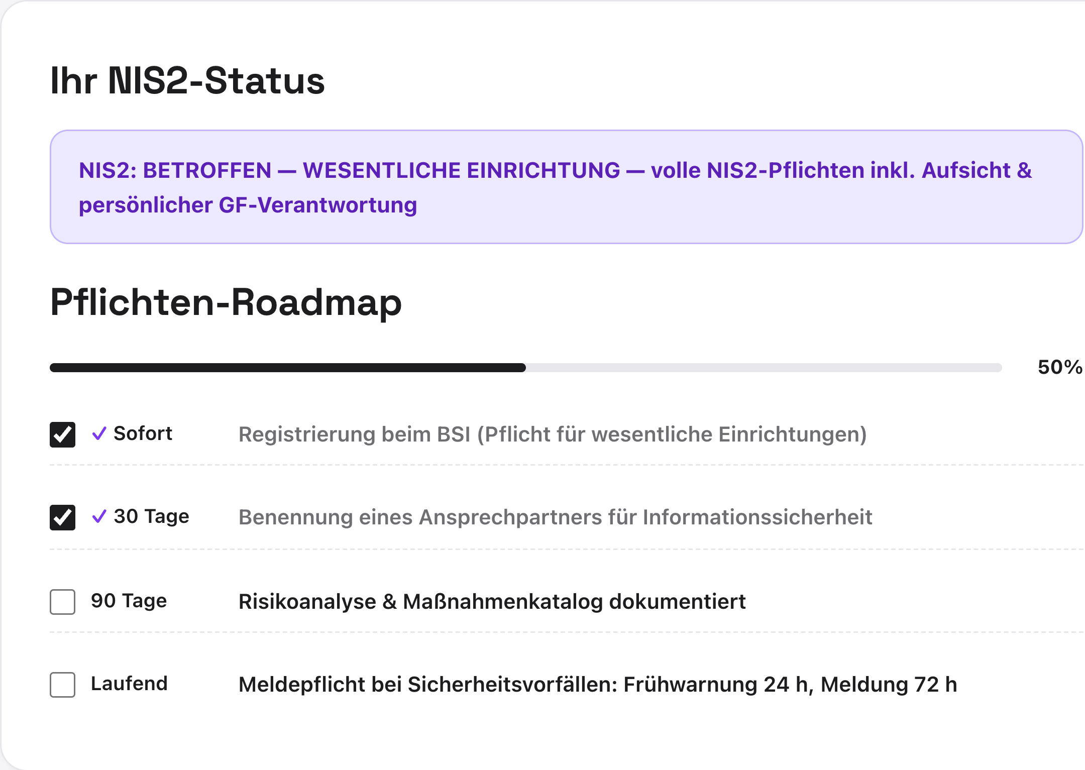 NIS2-Status in RegelWerk: Einstufung als wesentliche Einrichtung, darunter die Pflichten-Roadmap zu 50 Prozent erfüllt – BSI-Registrierung und Ansprechpartner erledigt, Risikoanalyse und Meldepflicht offen.