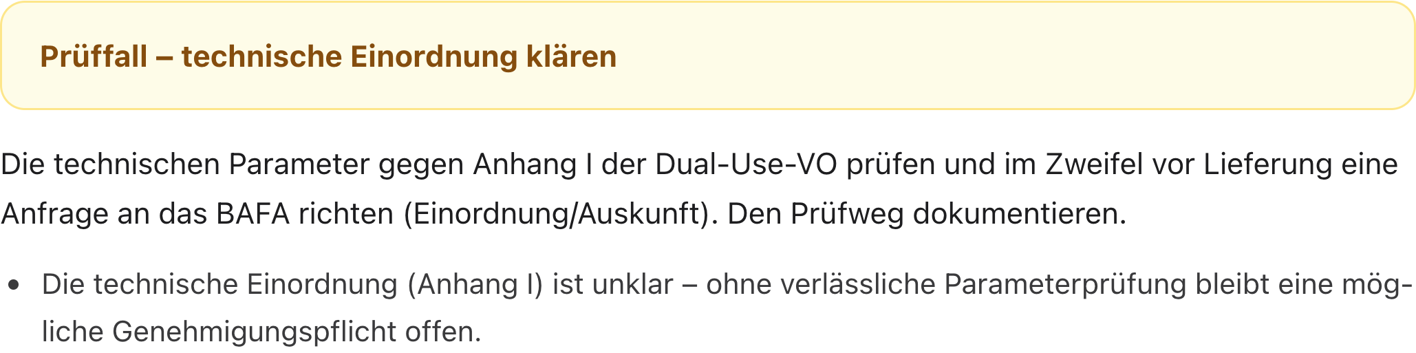 Ergebnis der Dual-Use-Ersteinstufung in SanktionsRadar: Einstufung „Prüffall